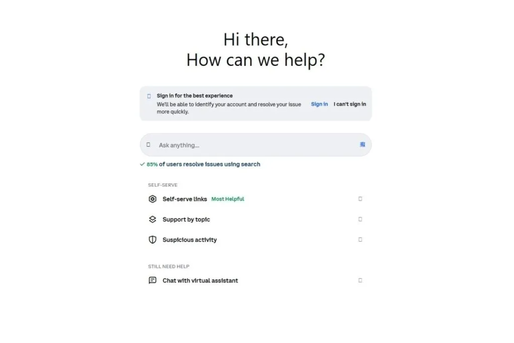 Coinbase Canada Review: Screenshot of Coinbase's customer support page with self-serve options.