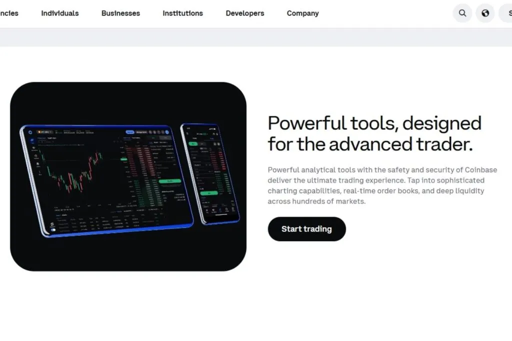 Coinbase Canada Review: a tablet and phone displaying Coinbase's advanced trading interface.