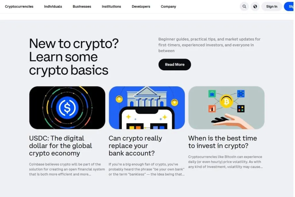 Coinbase Canada Review: a screenshot of the Coinbase website with crypto basics articles.