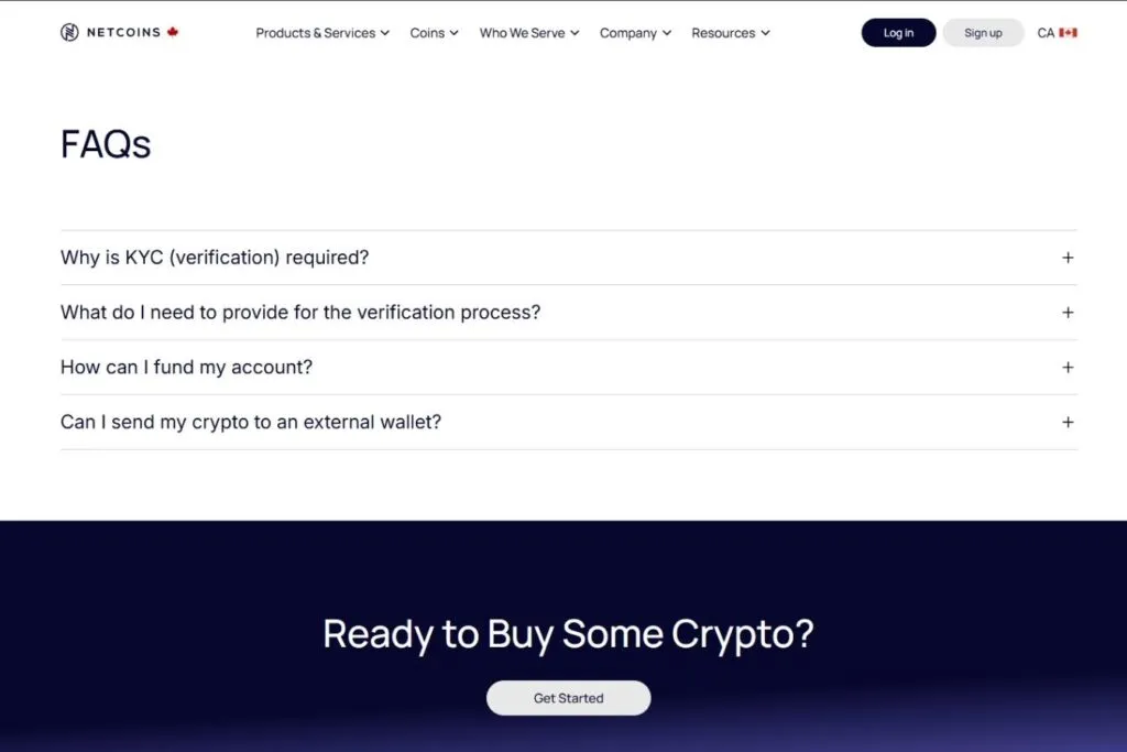 Netcoins.ca Review: Screenshot of the Netcoins website FAQs section with common questions.