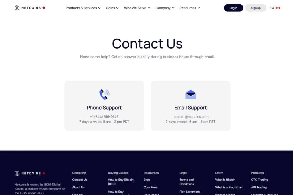 Netcoins.ca Review: screenshot of the Netcoins "Contact Us" page showing phone and email support options.