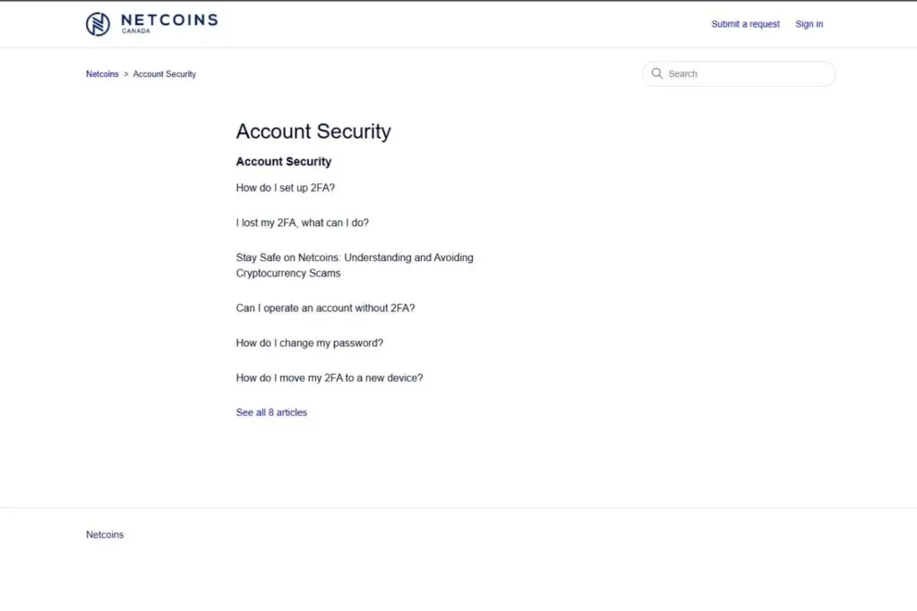 Netcoins.ca Review: Screenshot of the Netcoins "Account Security" help page.