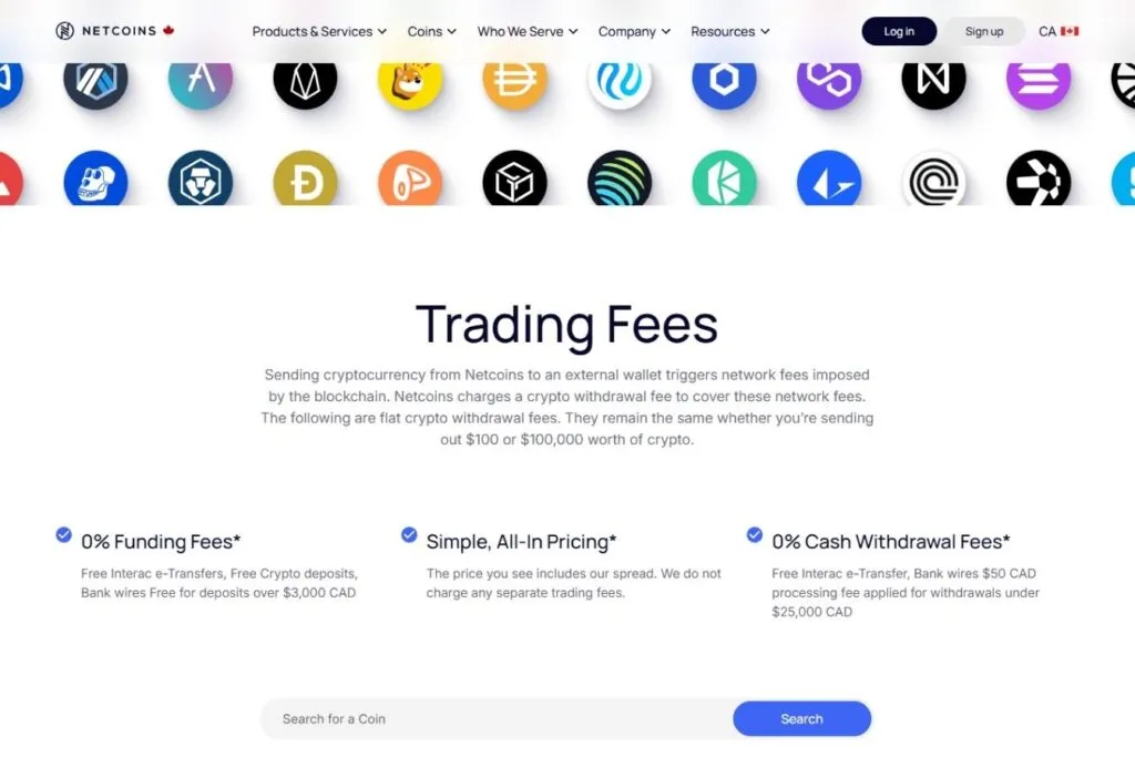 Netcoins.ca Review: a screenshot of the Netcoins website detailing their trading fees.