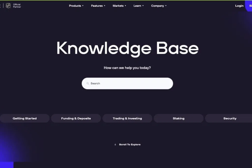 NDAX review of the knowledge base page with a search bar and categories like "Getting Started".