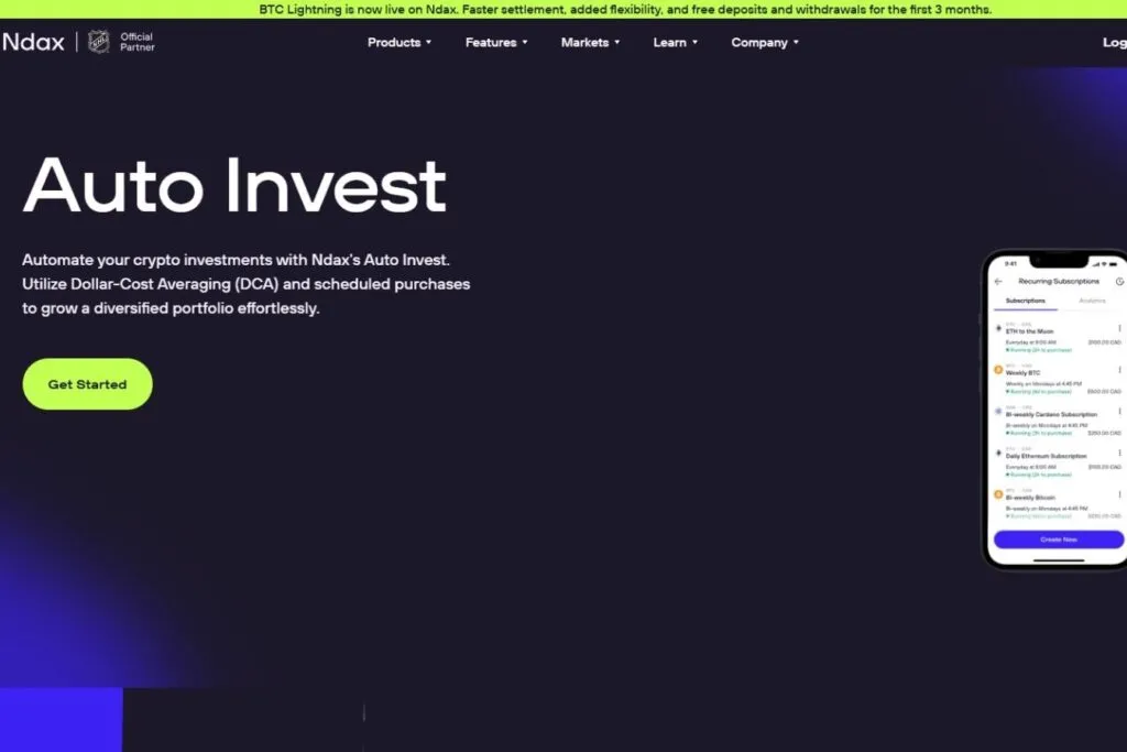 NDAX review: The NDAX Auto Invest feature page with a phone showing recurring subscriptions.