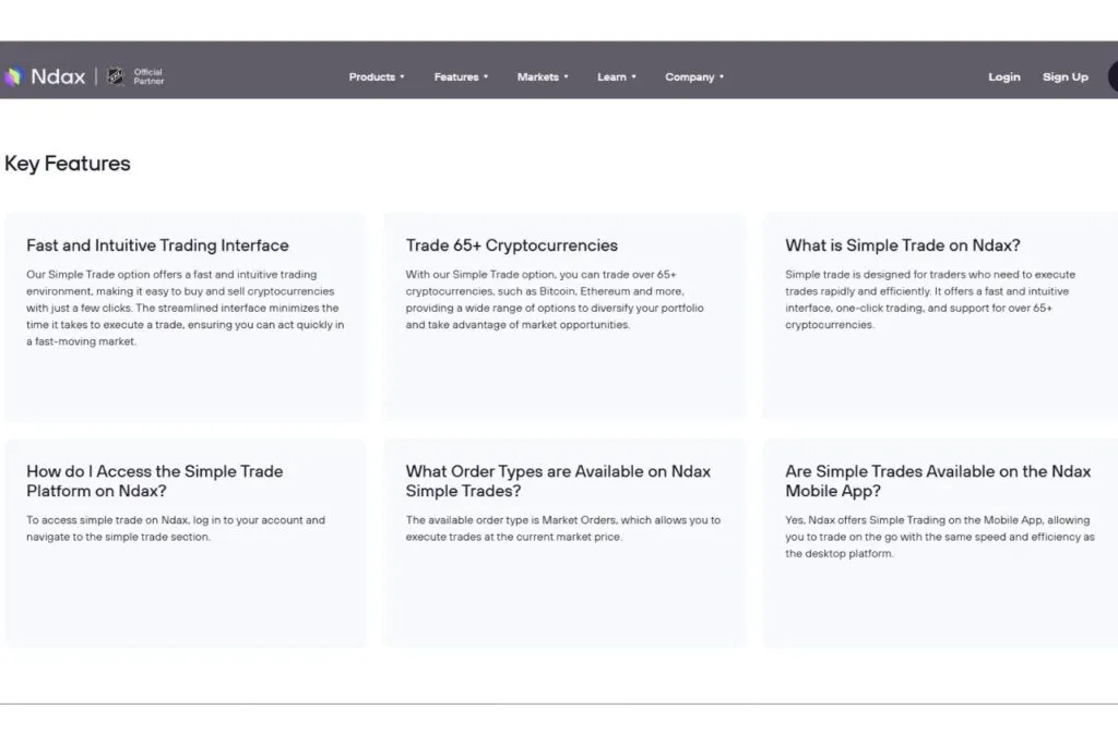 A screenshot of the NDAX website displaying key features like a fast trading interface and support for over 65 cryptocurrencies.