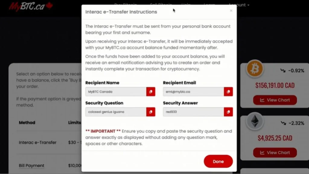 MyBTC.ca Review: Screenshot of MyBTC.ca Interac e-Transfer instructions with recipient details.