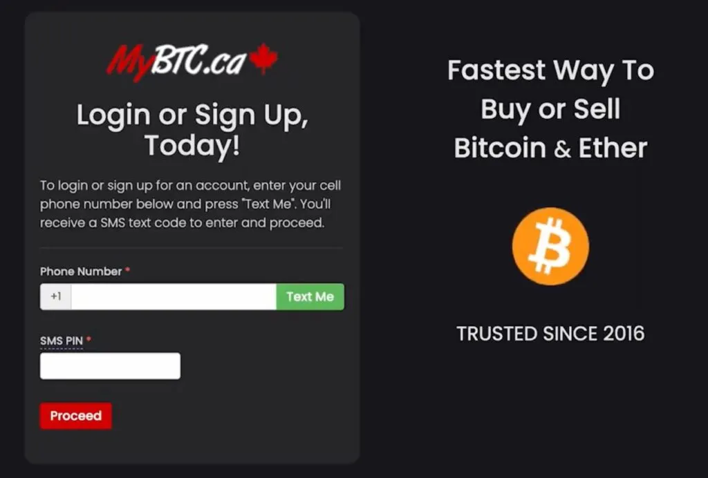 Mybtc.ca sign up procees step 1 - phone