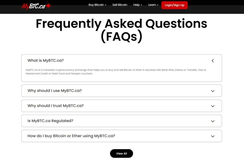 MyBTC.ca Review: Screenshot of the MyBTC.ca website's Frequently Asked Questions (FAQs) section.
