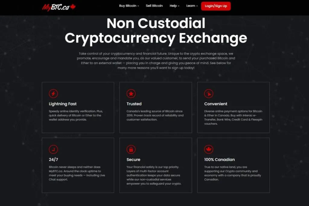 MyBTC.ca Review: Screenshot of the MyBTC.ca homepage highlighting its features as a non-custodial exchange.
