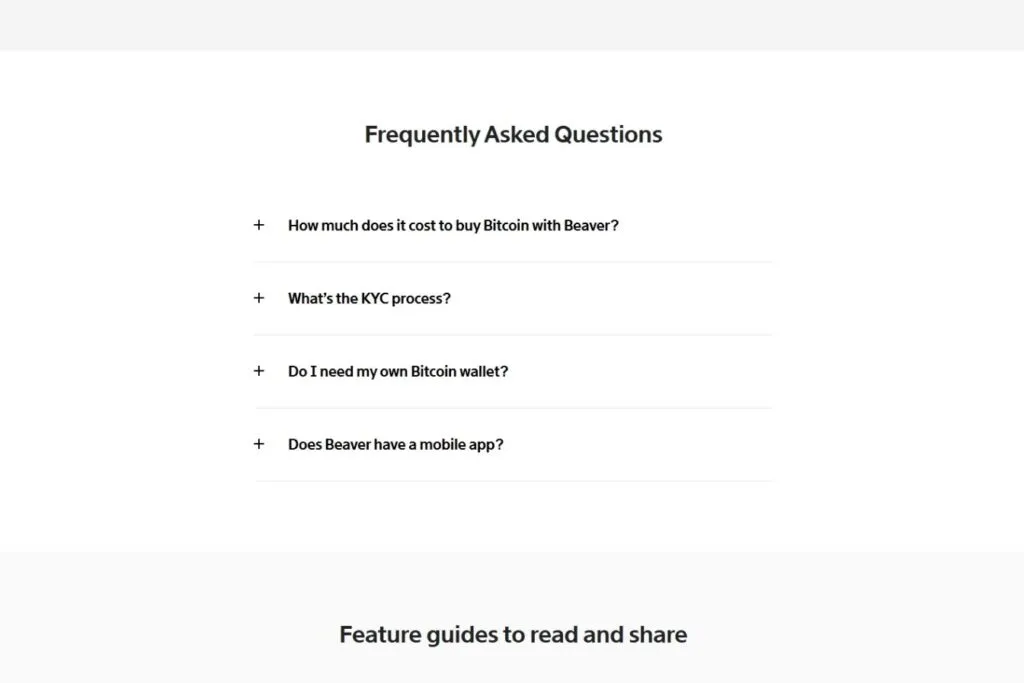 Beaver Bitcoin Review: a screenshot of a website's FAQ section with four questions about Beaver.