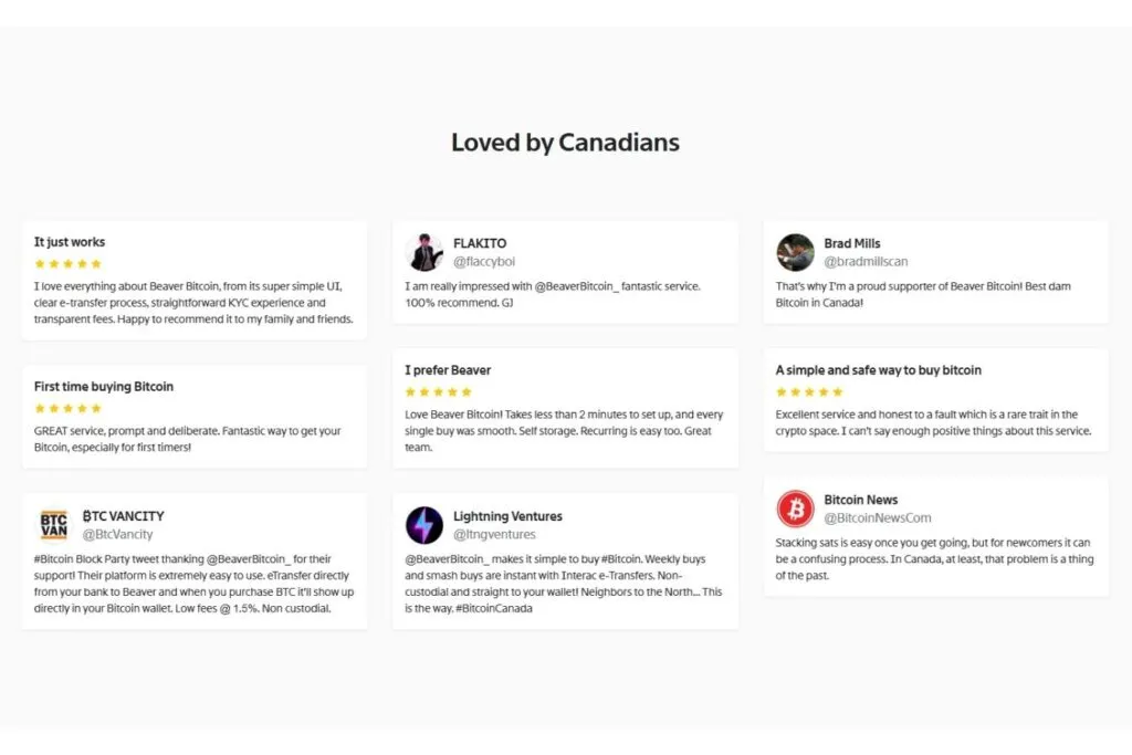 A screenshot of Beaver Bitcoin customer testimonials and reviews from social media.