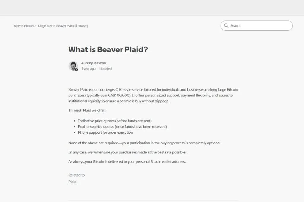 A screenshot of the Beaver Bitcoin website detailing "What is Beaver Plaid?" for large purchases.