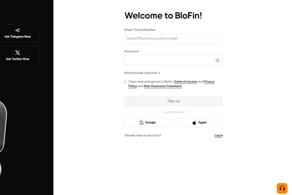 Blofin Review: A screenshot of the BloFin sign-up page with fields for email/phone, password, and referral code.