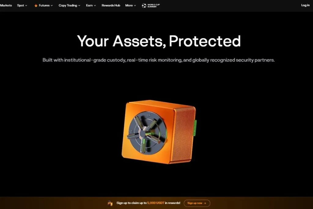 Blofin security page with a 3D rendering of an orange safe and text "Your Assets, Protected".