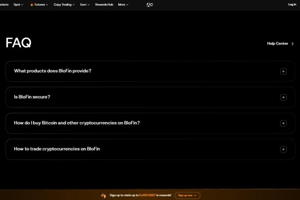 Blofin Review: A screenshot of the BloFin FAQ page with questions about products, security, buying, and trading crypto.