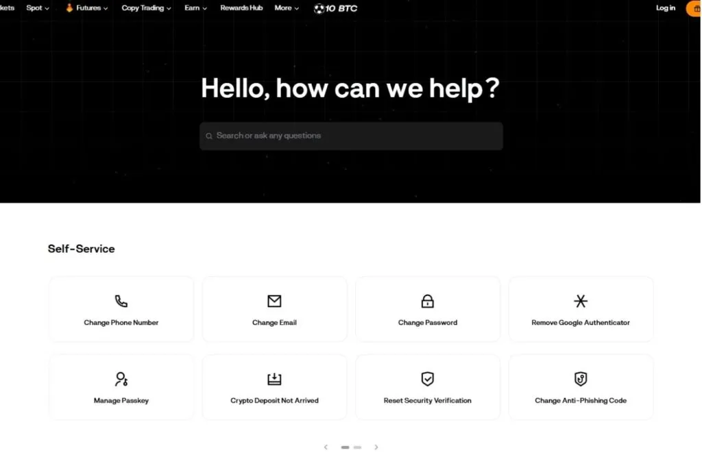 Blofin Review: a screenshot of the Blofin self-service help page with various account options.