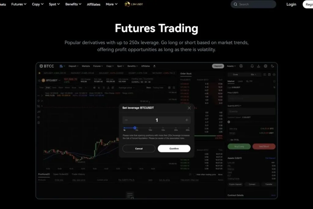 BTCC futures trading interface showing a pop-up to set leverage for BTCUSDT.
