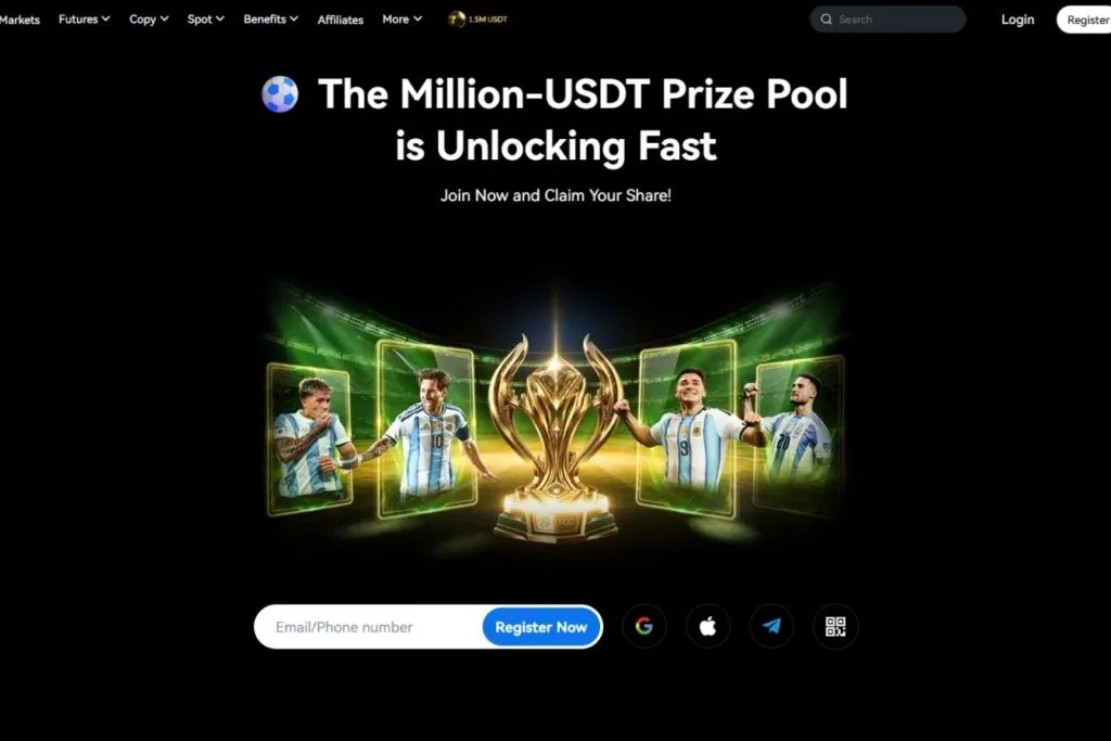 BTCC Review for Canadians: BTCC exchange homepage showing a Million-USDT prize pool promotion with soccer players.