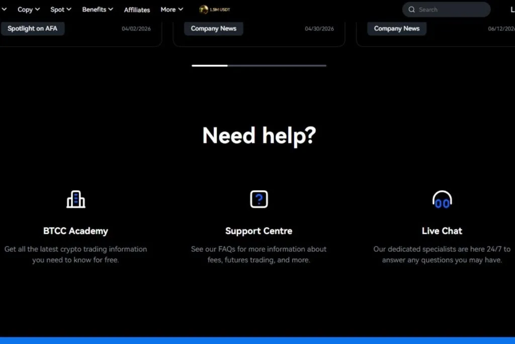 BTCC Review for Canadians: BTCC support page with options for academy, support center, and live chat.