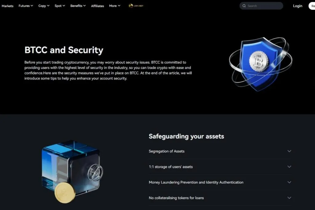 BTCC Review for Canadians: a screenshot of the BTCC website detailing security measures.