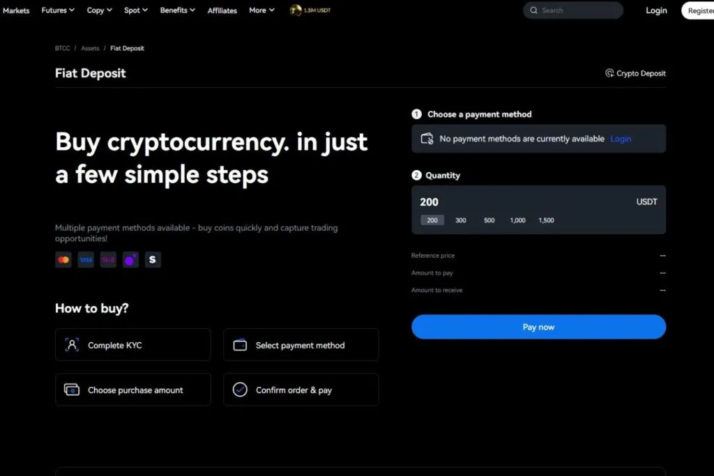 BTCC Review for Canadians: BTCC fiat deposit screen showing options to buy cryptocurrency.