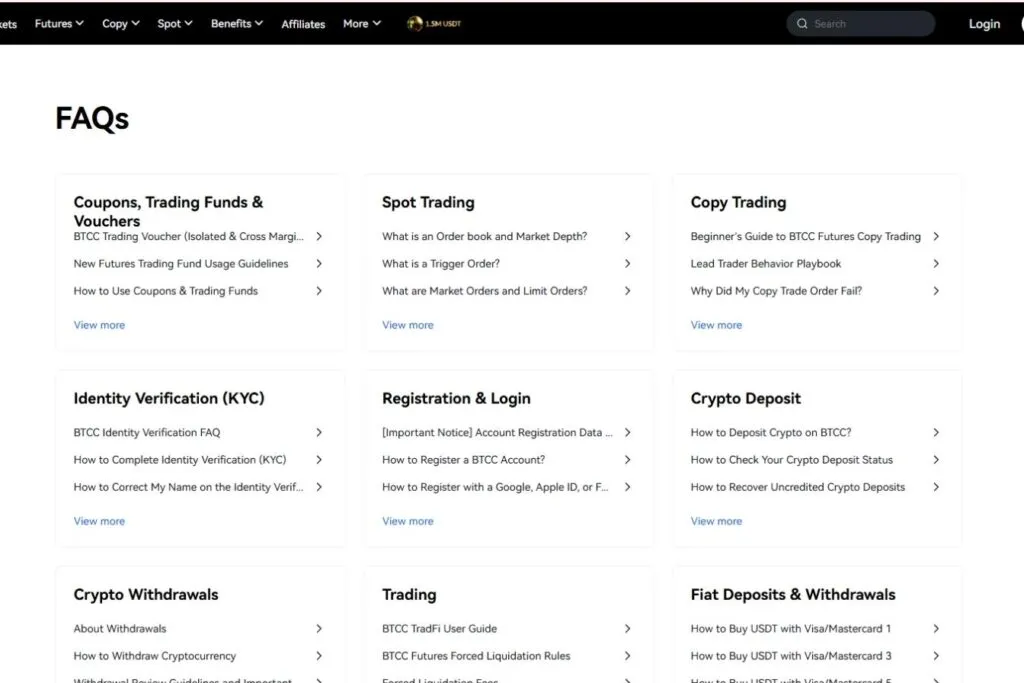 A screenshot of the BTCC exchange's frequently asked questions page, showing various categories.