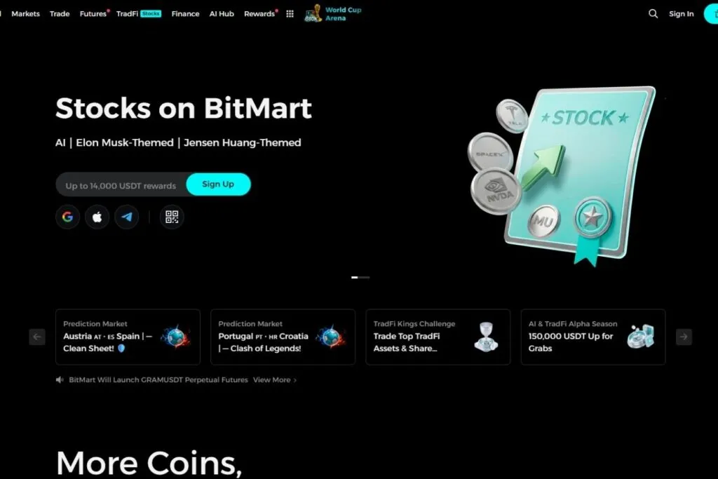 A BitMart Review for Canadians: BitMart's homepage showing "Stocks on BitMart" with a graphic of stock coins.