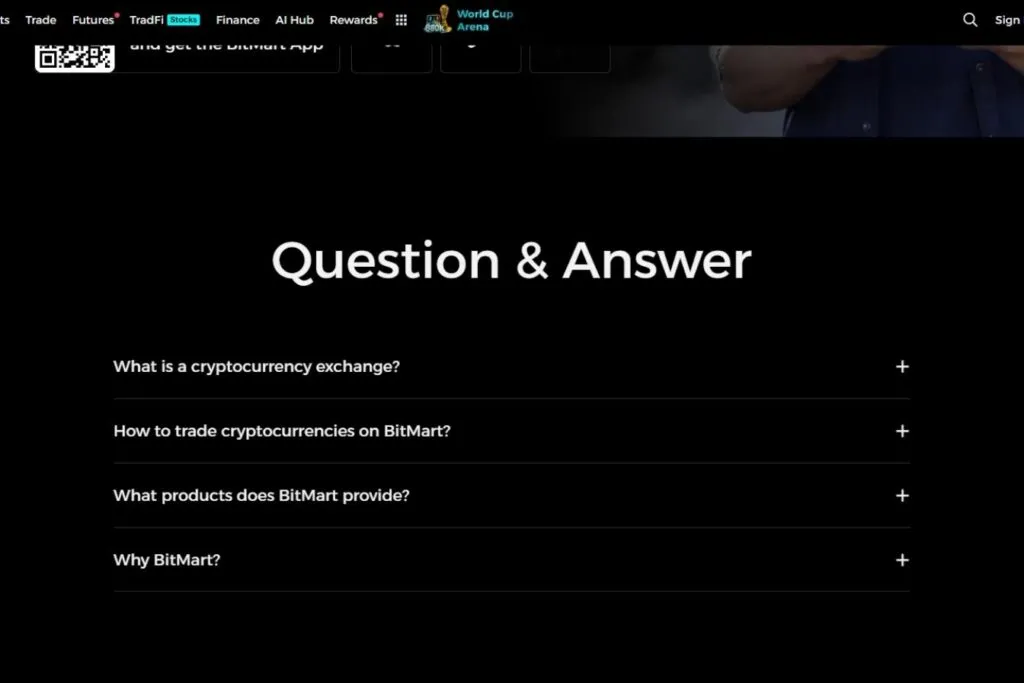 A BitMart review for Canadians showing a dark mode FAQ section with questions about the exchange.