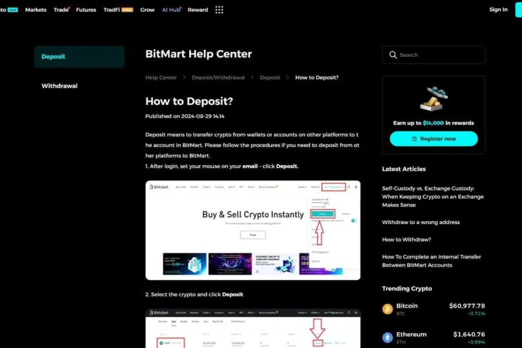 BitMart Review for Canadians: screenshot of the BitMart Help Center showing how to deposit.