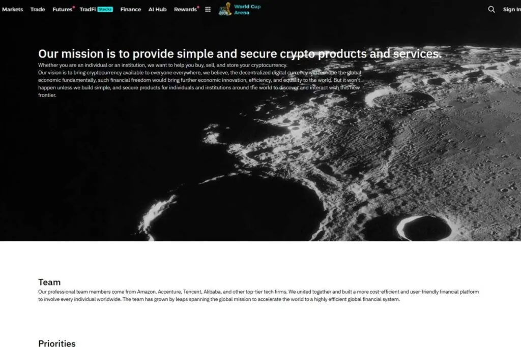 BitMart website screenshot showing a mission statement over a moon surface background.