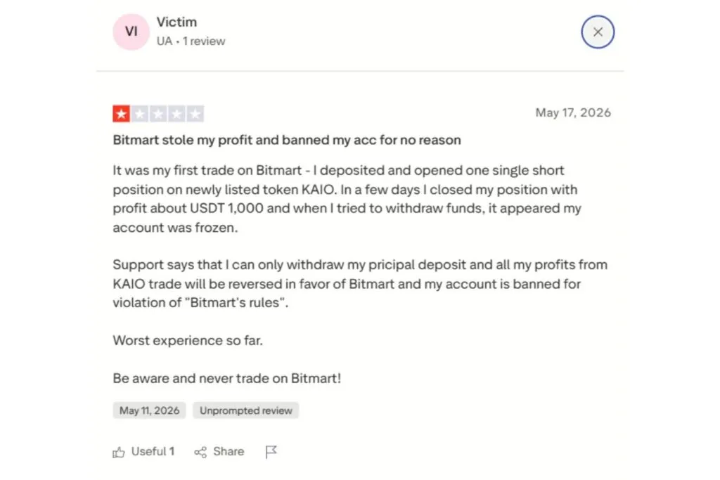 A screenshot of a negative BitMart review for Canadians, detailing a frozen account and stolen profits.