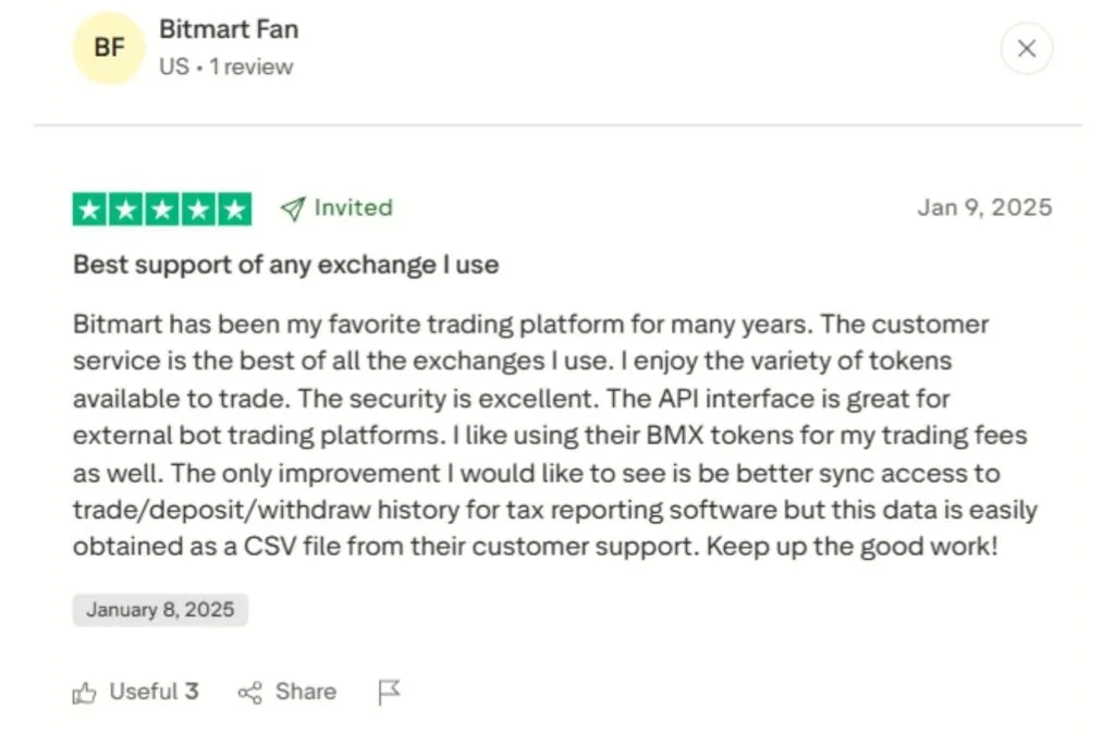 A positive BitMart review from a user praising its customer service, security, and variety of tokens.