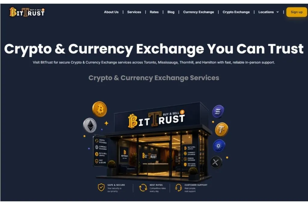 BitTrust Review for Canadians: BitTrust storefront with crypto coins and exchange services listed.