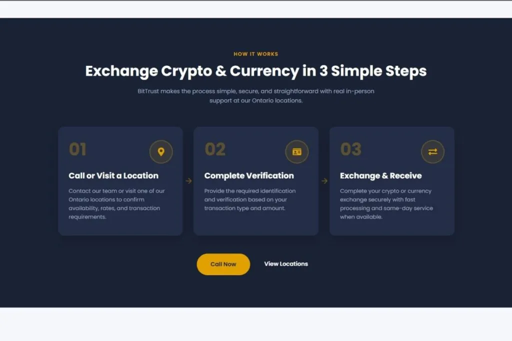 BitTrust Review for Canadians: a screenshot of the BitTrust website showing three steps to exchange crypto.
