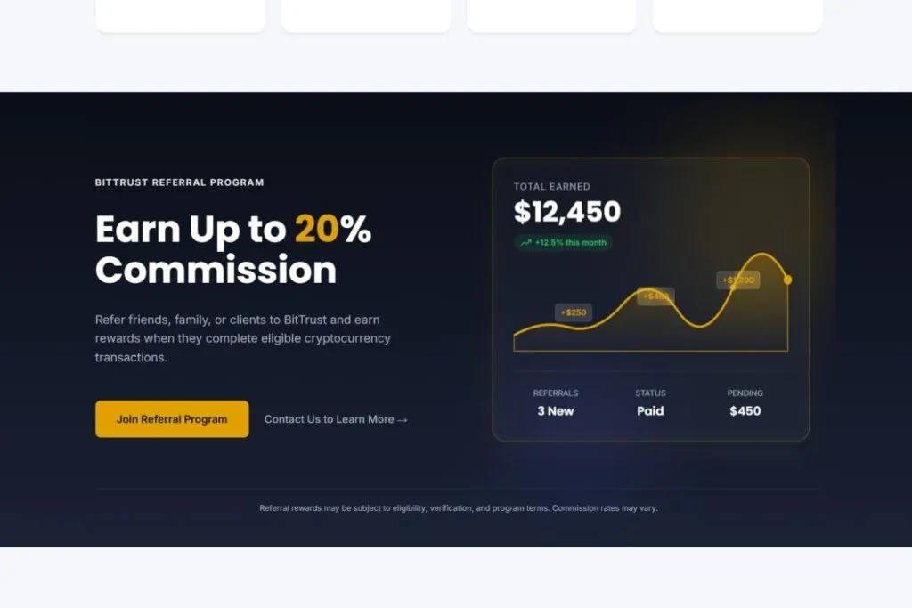 BitTrust Review for Canadians: BitTrust referral program screen showing commission details and earnings graph.