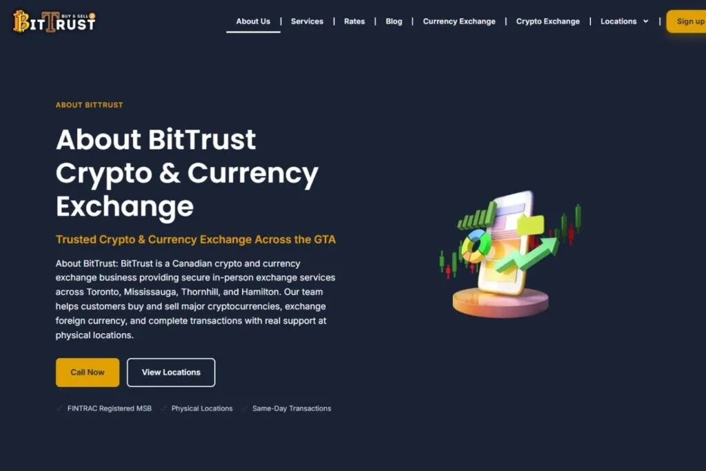 BitTrust review for Canadians: screenshot of the BitTrust website with an abstract graphic of a phone and charts.