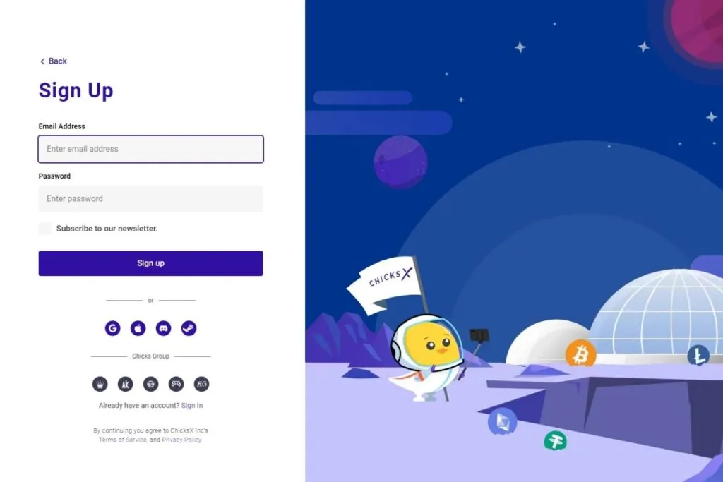 ChicksX review for Canadians: a screenshot of the ChicksX sign-up page with an astronaut chick.