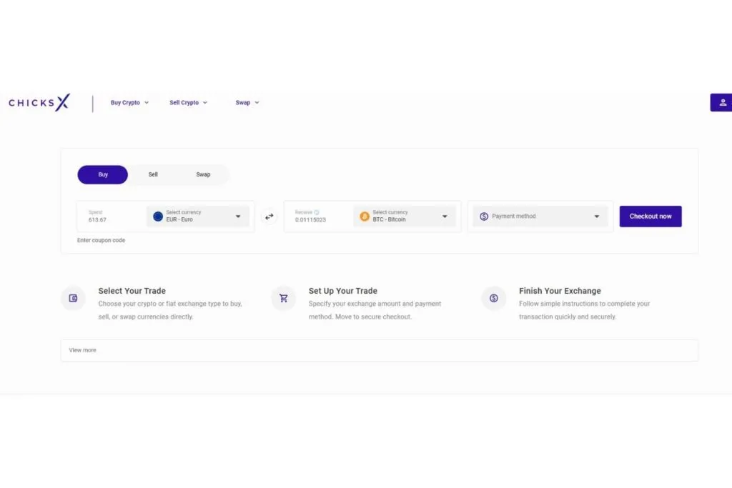 ChicksX exchange buy screen showing EUR to Bitcoin conversion and payment method selection.