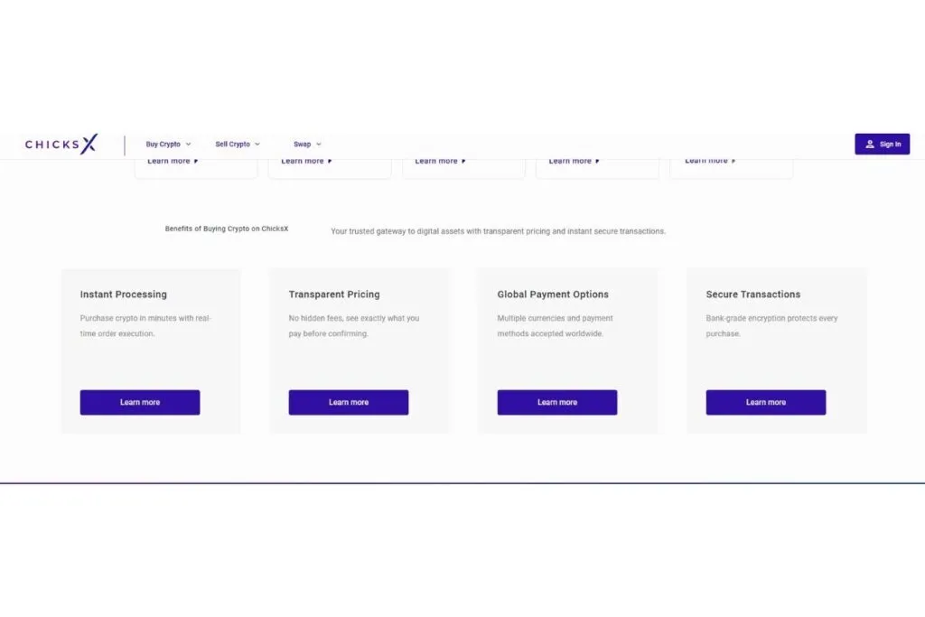 A screenshot of the ChicksX website showing features like instant processing and secure transactions.