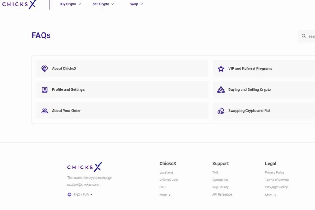 ChicksX Review for Canadians: screenshot of the ChicksX FAQ page with categories like "About ChicksX" and "Buying and Selling Crypto".